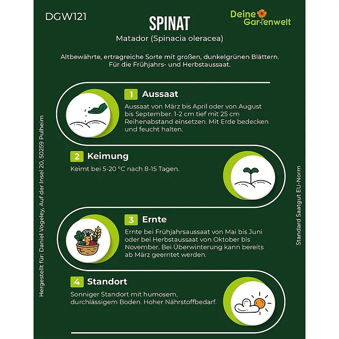 Deine Gartenwelt Spinat Matador -  - Informationsblatt für Spinatsamen 'Matador' mit Anweisungen zu Aussaat, Keimung, Ernte und Standort.