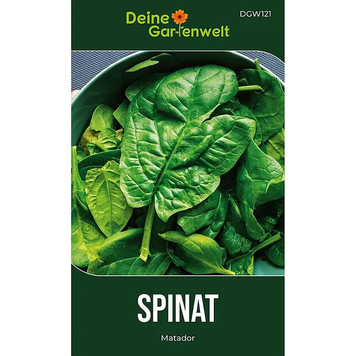 Deine Gartenwelt Spinat Matador -  - Spinat-Samentüte 'Matador'. Dunkelgrüne Packung mit frischen Spinatblättern und "Deine Gartenwelt" Schriftzug.