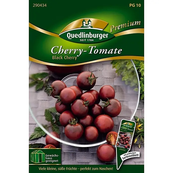 Quedlinburger SAATGUT Gemüsesamen Kirschtomate - Lycopersicon lycopersicum, Erntezeit: Juli - Samenpäckchen für 'Black Cherry' Kirschtomaten, zeigt dunkelrot-violette Tomaten in einer Schale. Für Gewächshaus geeignet.