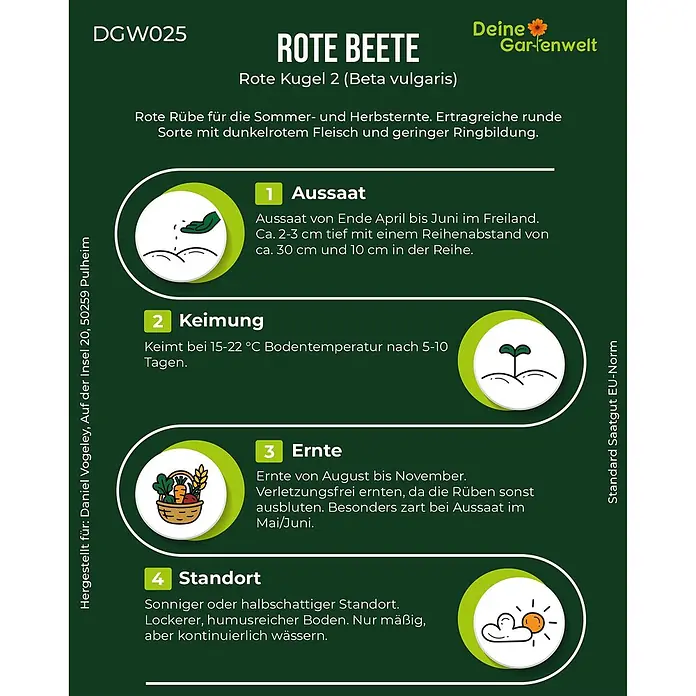 Deine Gartenwelt Rote Beete Rote Kugel 2 -  - Informationskarte für Rote Bete 'Rote Kugel 2' mit Details zu Aussaat, Keimung, Ernte und Standort.