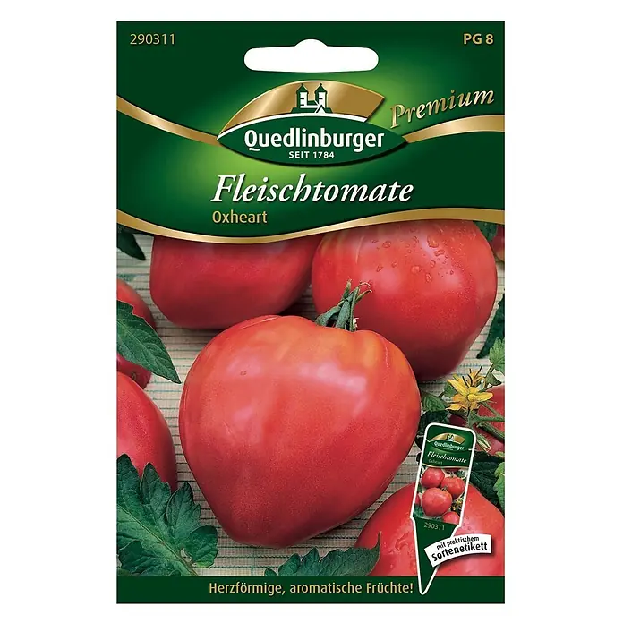 Quedlinburger SAATGUT Gemüsesamen Fleischtomate - Solanum lycopersicum, Erntezeit: Juli - Quedlinburger Fleischtomate Oxheart Samenpackung mit großen, roten, herzförmigen Tomaten. Inklusive praktischem Sortenetikett.