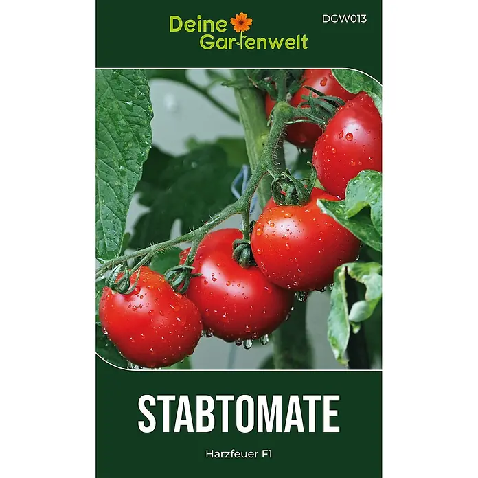 Deine Gartenwelt Stabtomaten Harzfeuer F1 -  - Dunkelgrüne Samentüte für Stabtomaten, mit roten Tomaten auf der Ranke und Markenlogo.