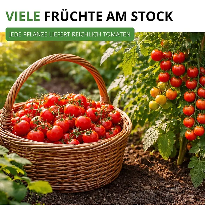 Deine Gartenwelt Stabtomaten Harzfeuer F1 -  - Brauner Weidenkorb voll reifer roter Tomaten neben einer ertragreichen Tomatenpflanze mit roten und reifenden Früchten.