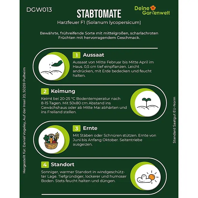 Deine Gartenwelt Stabtomaten Harzfeuer F1 -  - Infografik für Harzfeuer F1 Stabtomate. Dunkelgrüne Anleitung mit weißem Text beschreibt Aussaat, Keimung, Ernte und Standort mit Symbolen.