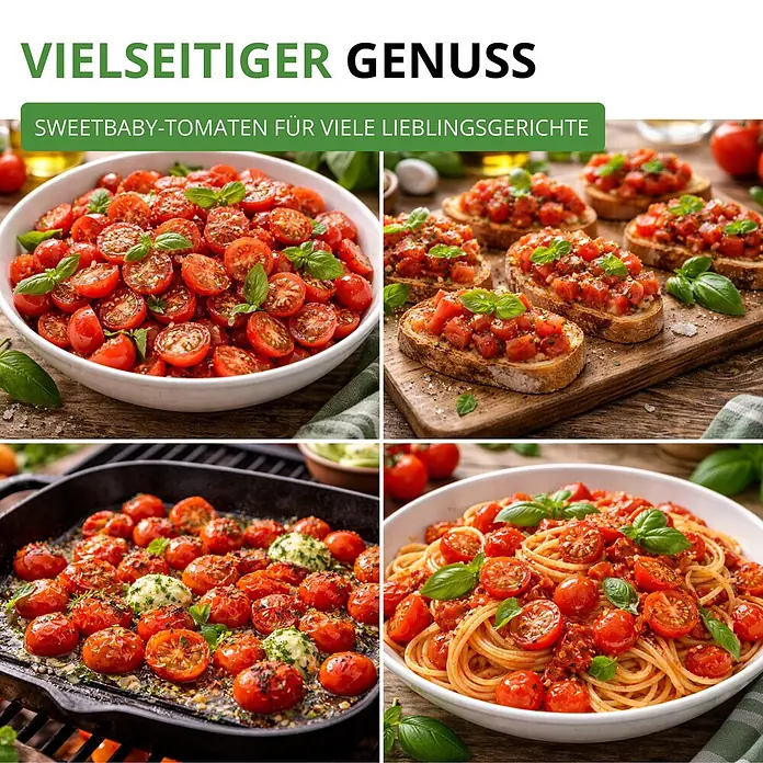Deine Gartenwelt Stabtomaten Harzfeuer F1 -  - Sweetbaby-Tomaten in verschiedenen köstlichen Gerichten wie Pasta, Bruschetta und gebraten in der Pfanne.