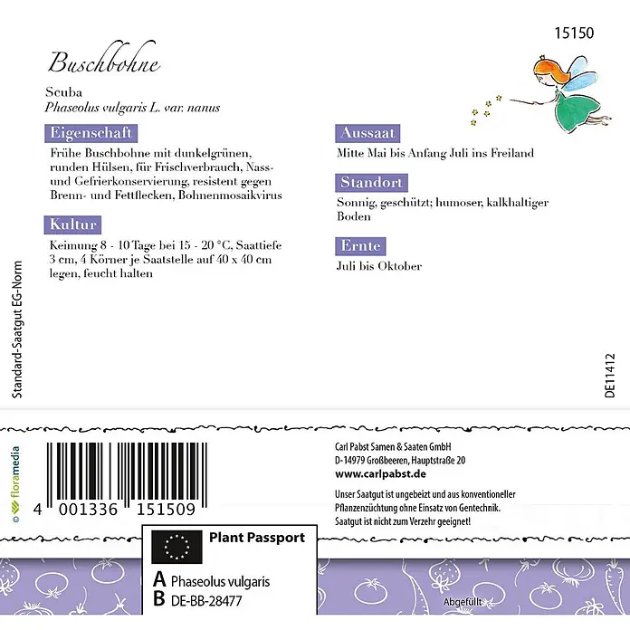 Grüne Fee Gemüsesamen Buschbohne - Phaseolus vulgaris L. var. nanus (L.) Aschers., Erntezeit: Juli - Samentüte für Buschbohnen Scuba mit Pflanzeninformationen und Barcode.