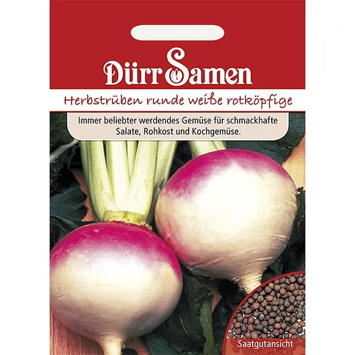 Dürr Samen Herbstrüben runde weiße rotköpfige -  - Dürr Samen Saatgutpackung für runde weiße rotköpfige Herbst-Rüben, mit Abbildungen der Rüben und einer Saatgutansicht.