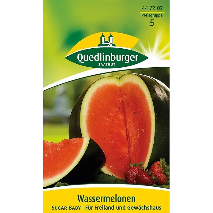 Quedlinburger SAATGUT Obstsamen Wassermelone - Citrullus lanatus, Erntezeit: August - Quedlinburger Wassermelonen 'Sugar Baby' Samenpaket mit halber Wassermelone und Erdbeeren.