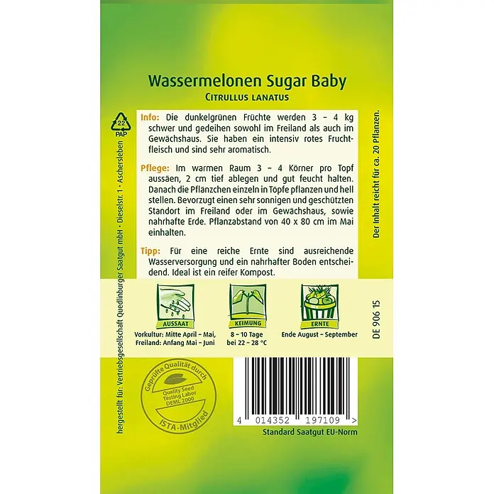 Quedlinburger SAATGUT Obstsamen Wassermelone - Citrullus lanatus, Erntezeit: August - Grünes und gelbes Samenpäckchen für Wassermelonen Sugar Baby, mit Anbauinformationen und Barcode.