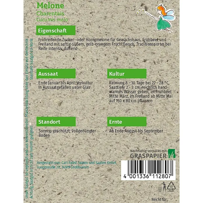 Grüne Fee Obstsamen Melone - Cucumis melo, Erntezeit: August - Samenpäckchen für Charentais Melone, braunes Graspapier mit Aufzuchtanleitung.