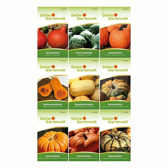 Deine Gartenwelt Kürbissamen-Set mit 9 Sorten -  - Ein Raster von neun Saattütchen für diverse Kürbis- und Kalebassensorten, mit farbigen Fruchtbildern und Text.
