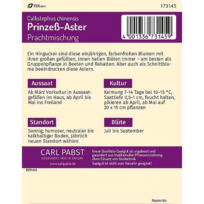 Pabst Keimkraft Blumensamen Aster - Callistephus chinensis (L.) Nees, Mehrfarbig - Lila Samenetikett für Callistephus chinensis Prinzeß-Aster Prachtmischung von Carl Pabst.