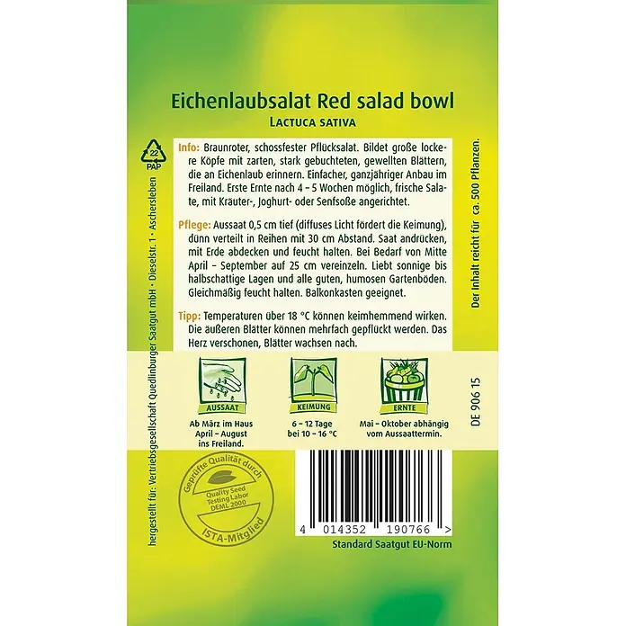 Quedlinburger SAATGUT Eichenlaub-Salat Red Salad -  - Samenpackung für roten Eichblattsalat 'Red Salad Bowl' mit Anbau-, Pflege- und Erntehinweisen.