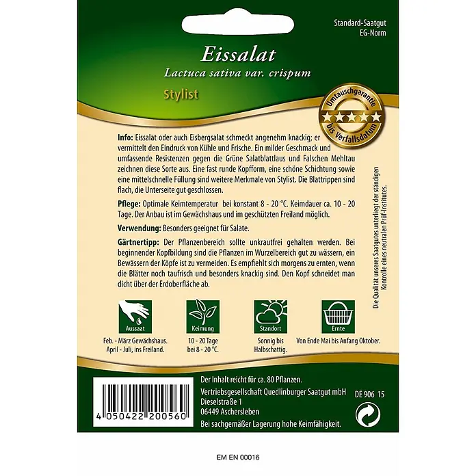 Quedlinburger SAATGUT Salatsamen Eissalat - Lactuca sativa, Erntezeit: Mai, 6,5 g - Saatgutpackung für Eissalat Stylist, grün-weiß, mit Anbauinformationen und Barcode.