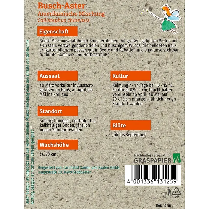 Grüne Fee Busch-Aster Amerikanische Mischung -  - Samenpäckchen für Busch-Aster Amerikanische Mischung (Callistephus chinensis) auf nachhaltigem Graspapier, mit Pflanzdetails.