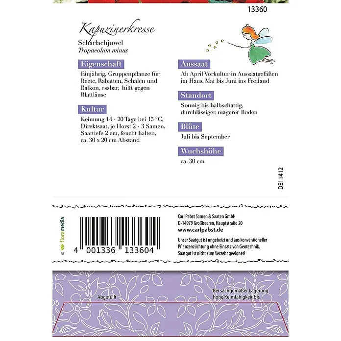 Grüne Fee Blumensamen Kapuzinerkresse - Tropaeolum majus L., Rot - Samenpäckchen für Kapuzinerkresse 'Scharlachjuwel' mit Pflanzeninformationen und Barcode.