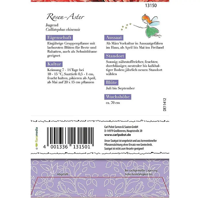 Grüne Fee Blumensamen Aster - Callistephus chinensis (L.) Nees, Rot - Verpackung für Rosenaister-Samen mit Anzuchtanleitung, Pflanzeninformationen, Barcode und einer Fee-Illustration.