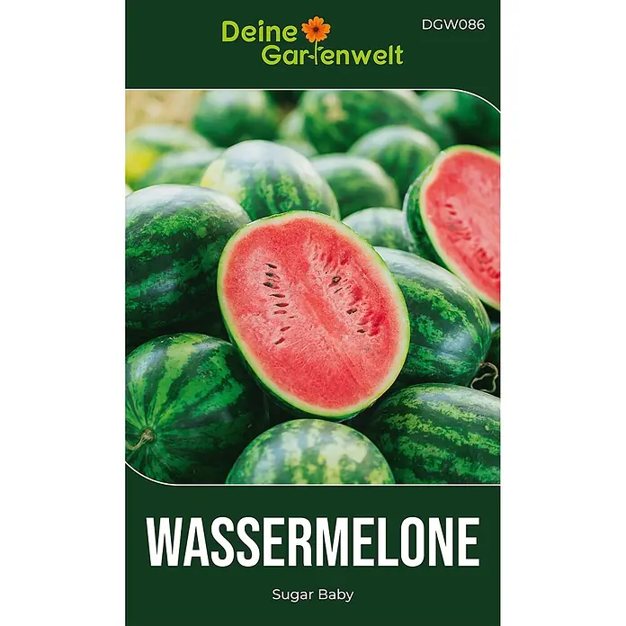 Deine Gartenwelt Wassermelonen Sugar Baby -  - Saatgutpackung für Sugar Baby Wassermelonen, mit ganzen und geschnittenen roten Melonen.