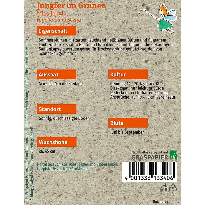 Grüne Fee Jungfer im Grünen Miss Jekyll -  - Samenpäckchen für 'Jungfer im Grünen Miss Jekyll' (Nigella damascena) mit Anbauanleitung, aus Graspapier.