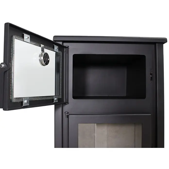 Estufa de leña con horno Moon - 9,7 kW - 12,44 kW, Volumen de calefacción: 240 m³, Negro - Estufa de metal negro con puerta de cristal abierta y compartimento superior vacío.