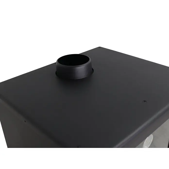 Estufa de leña con horno Moon - 9,7 kW - 12,44 kW, Volumen de calefacción: 240 m³, Negro - Parte superior de una estufa metálica negra con una conexión de chimenea redonda.