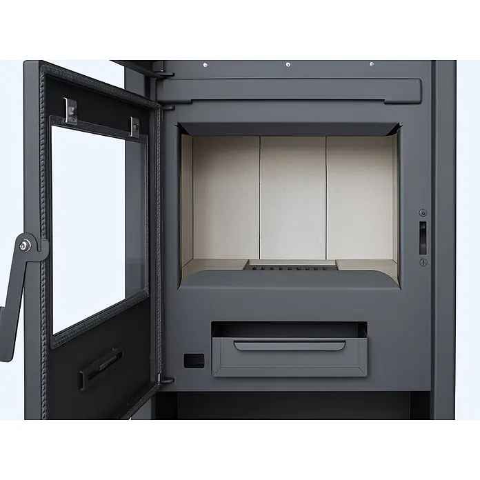 Estufa de leña con horno Moon - 9,7 kW - 12,44 kW, Volumen de calefacción: 240 m³, Negro - Estufa de leña gris oscuro con puerta de cristal abierta, revelando el hogar revestido de cerámica clara y un cenicero.