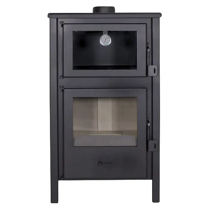 Estufa de leña con horno Moon - 9,7 kW - 12,44 kW, Volumen de calefacción: 240 m³, Negro - Cocina de leña gris oscuro con dos puertas de cristal, horno superior con termómetro y hogar inferior, sobre cuatro patas.