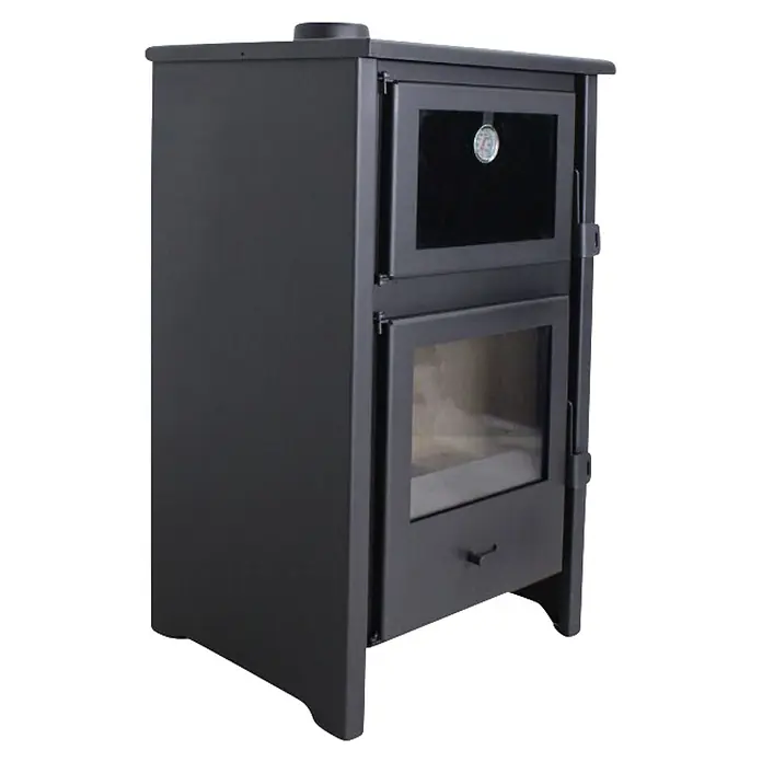 Estufa de leña con horno Moon - 9,7 kW - 12,44 kW, Volumen de calefacción: 240 m³, Negro - Estufa de leña de metal gris oscuro con dos puertas de cristal, un horno superior con termómetro y un hogar inferior.