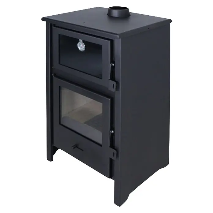Estufa de leña con horno Moon - 9,7 kW - 12,44 kW, Volumen de calefacción: 240 m³, Negro - Estufa de leña de metal negro con dos puertas de cristal, termómetro integrado y salida de humos superior.