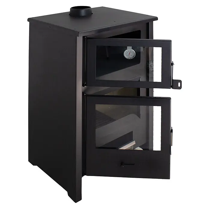Estufa de leña con horno Moon - 9,7 kW - 12,44 kW, Volumen de calefacción: 240 m³, Negro - Estufa de leña negra con puertas abiertas y termómetro en la puerta superior.