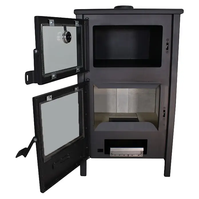 Estufa de leña con horno Moon - 9,7 kW - 12,44 kW, Volumen de calefacción: 240 m³, Negro - Estufa de leña de metal negro con ambas puertas de cristal abiertas, revelando el hogar y el cenicero.