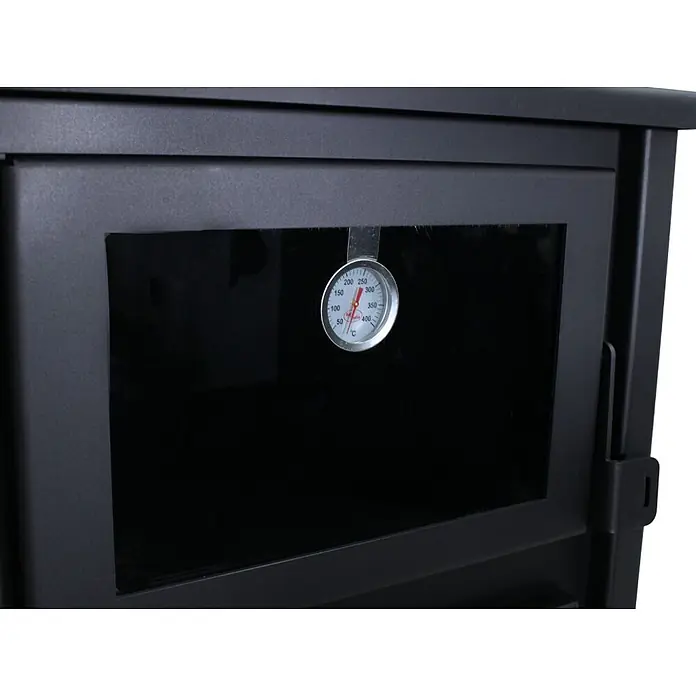 Estufa de leña con horno Moon - 9,7 kW - 12,44 kW, Volumen de calefacción: 240 m³, Negro - Puerta de horno negra mate con ventana de cristal y termómetro analógico integrado que muestra la temperatura en Celsius.