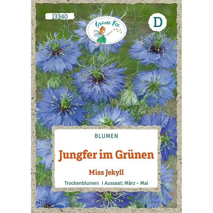 Grüne Fee Jungfer im Grünen Miss Jekyll -  - Samentüte für blaue Nigella-Blumen der Sorte 'Miss Jekyll', auch 'Jungfer im Grünen' genannt, von Grüne Fee.