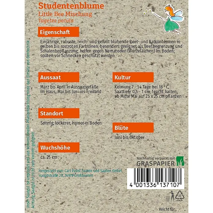 Grüne Fee Blumensamen Studentenblume - Tagetes patula nana, Mehrfarbig - Samentüte für 'Studentenblume' (Tagetes patula) mit deutschem Text, einer Feenillustration und Barcode, auf Graspapier gedruckt.