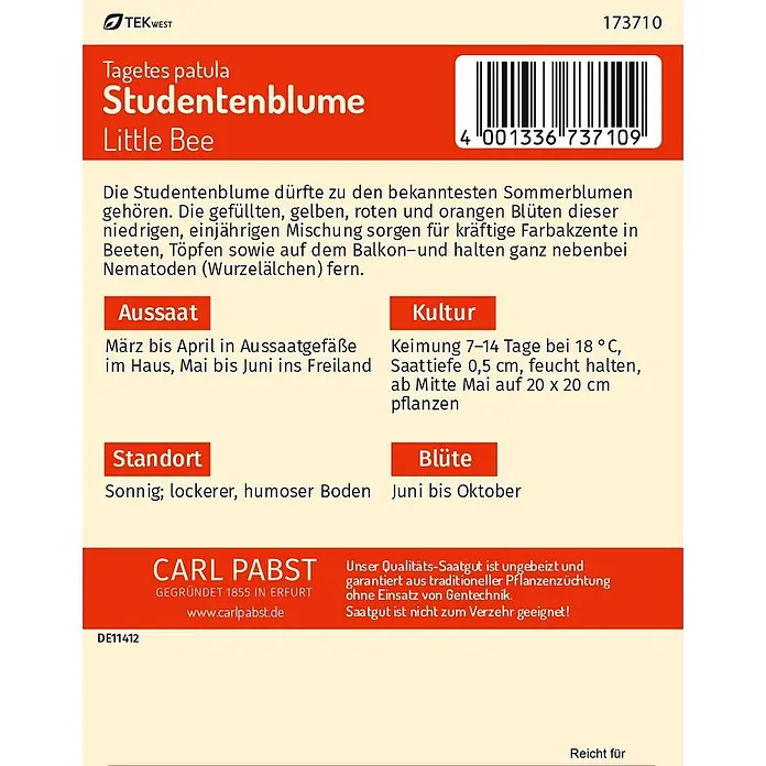 Pabst Keimkraft Blumensamen Studentenblume - Tagetes patula nana, Mehrfarbig - Samentüte für Tagetes patula 'Studentenblume', mit Pflanzanleitung und Barcode.