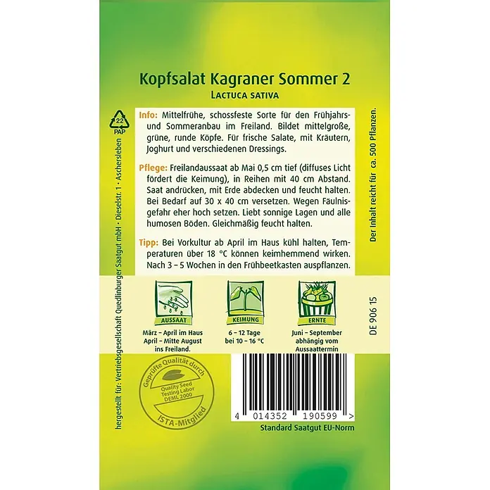 Quedlinburger SAATGUT Salatsamen Kopfsalat - Lactuca sativa, Erntezeit: Mai, 3,5 g - Samentüte für 'Kagraner Sommer 2' Kopfsalat mit Pflanzinformationen und Barcode.