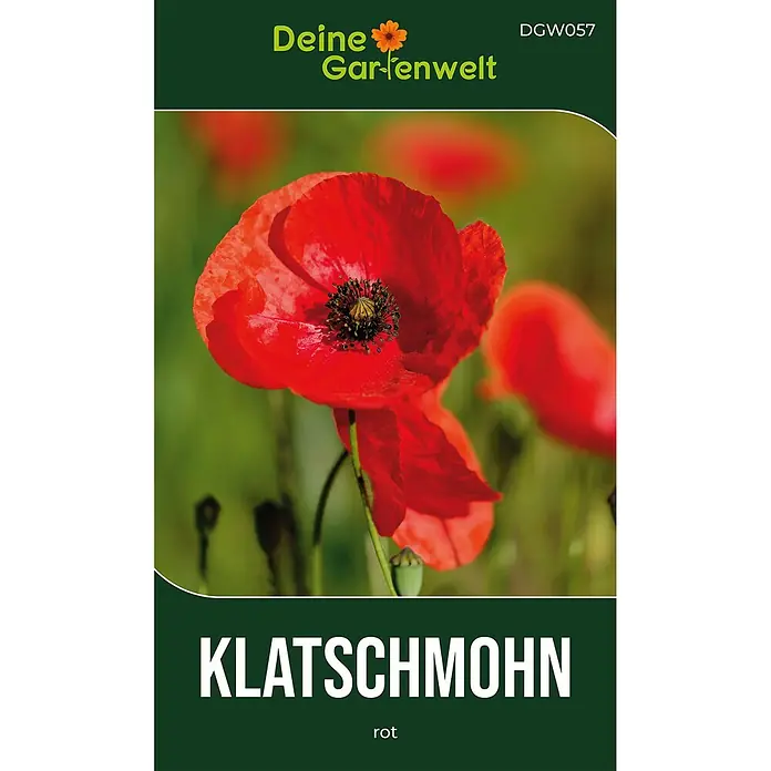 Deine Gartenwelt Blumensamen Mohn - Papaver rhoeas, Rot - Dunkelgrünes Samenpäckchen Deine Gartenwelt für roten Klatschmohn mit Abbildung einer roten Mohnblume.