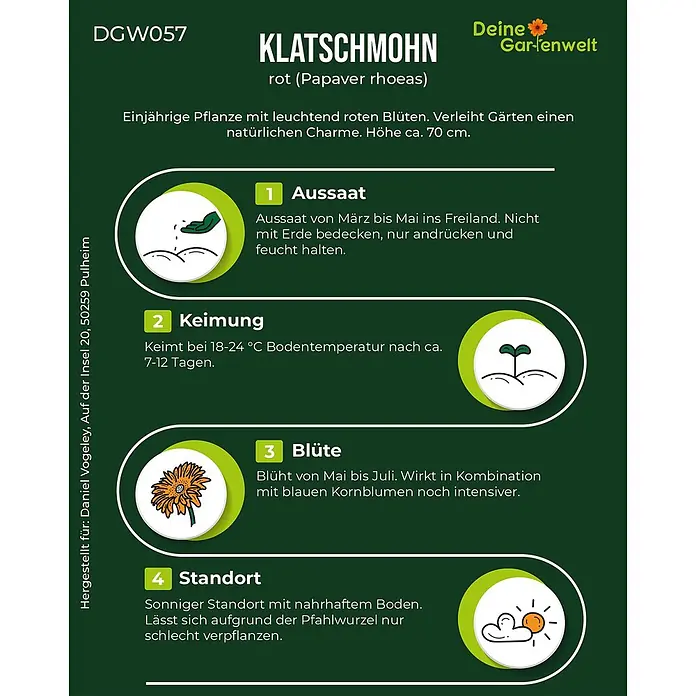 Deine Gartenwelt Blumensamen Mohn - Papaver rhoeas, Rot - Produktinformationskarte für roten Klatschmohn (Papaver rhoeas) mit Details zu Aussaat, Keimung, Blüte und Standort. Marke: Deine Gartenwelt.