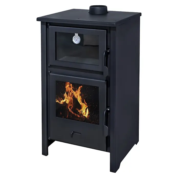 Estufa de leña con horno Moon - 9,7 kW - 12,44 kW, Volumen de calefacción: 240 m³, Negro - Estufa de leña de metal negro con horno superior con termómetro y hogar inferior con llamas visibles.