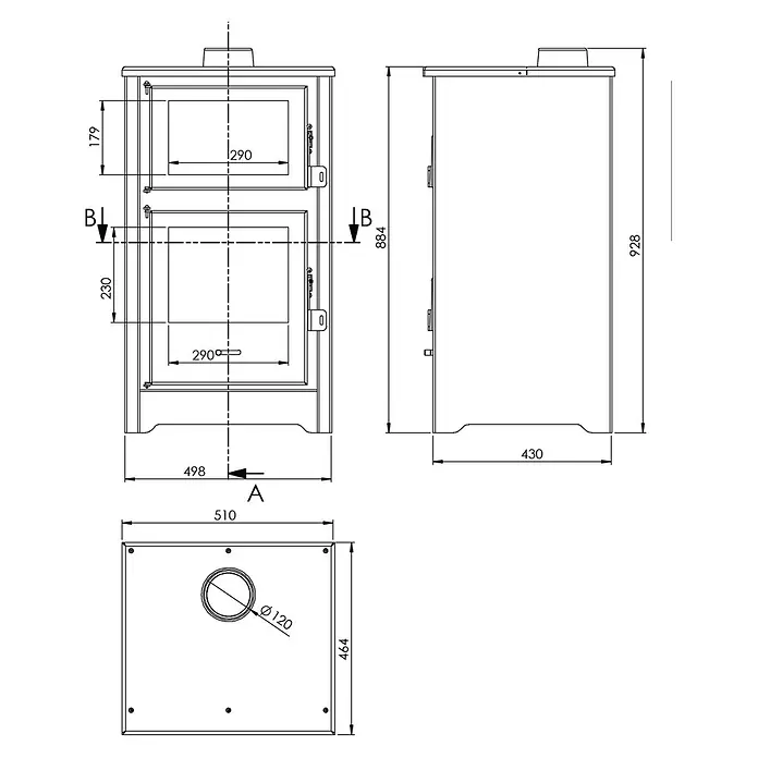 Estufa de leña con horno Moon - 9,7 kW - 12,44 kW, Volumen de calefacción: 240 m³, Negro - Dimensiones de una estufa de leña, vistas frontal, lateral y superior.