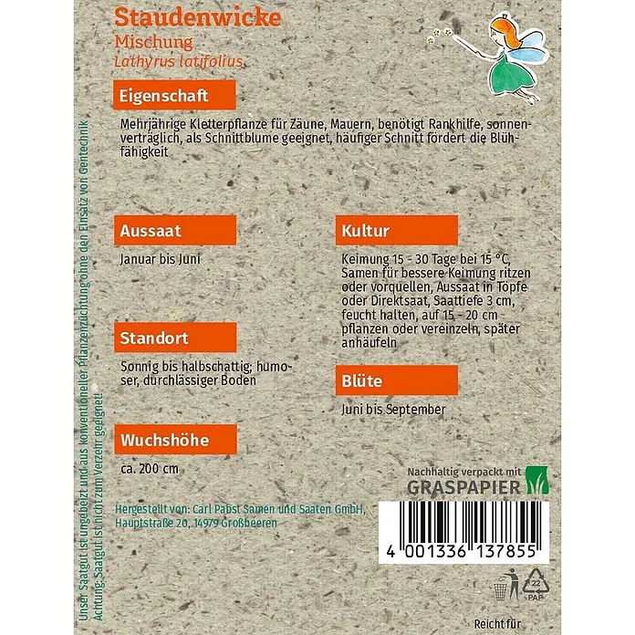 Grüne Fee Staudenwicke Mischung -  - Samenpäckchen für Staudenwicke Mischung (Lathyrus latifolius) mit Anbauinformationen, Barcode und Graspapier-Hinweis.