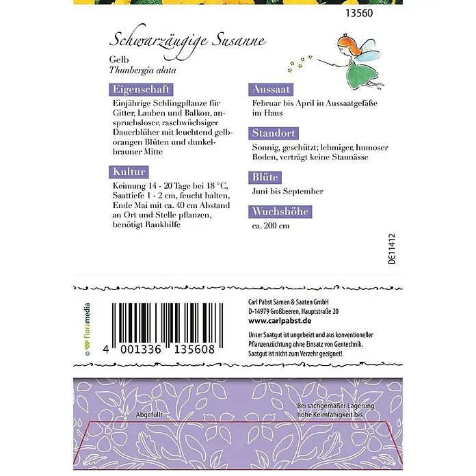 Grüne Fee Blumensamen Schwarzäugige Susanne - Thunbergia alata Bojer ex Sims, Gelb - Samenpäckchen für gelbe Schwarzäugige Susanne (Thunbergia alata) mit deutscher Anbauanleitung.