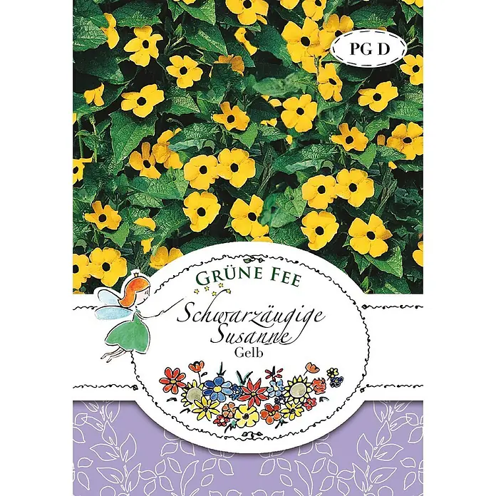 Grüne Fee Blumensamen Schwarzäugige Susanne - Thunbergia alata Bojer ex Sims, Gelb - Samentüte für gelbe Schwarzäugige Susanne Blumen, mit Feen- und Blumendesign.