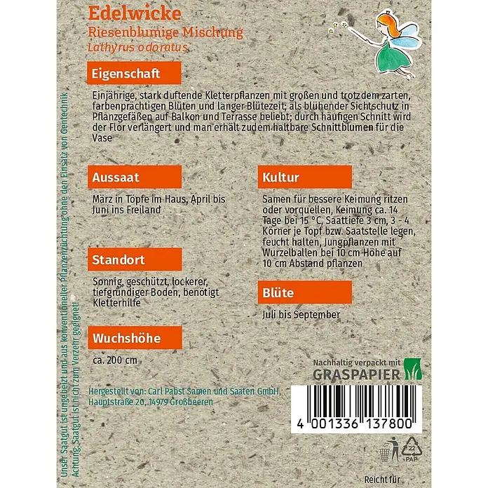 Grüne Fee Blumensamen Edelwicke - Lathyrus odoratus, Mehrfarbig - Samenpäckchen aus Graspapier für 'Edelwicke Riesenblumige Mischung' mit Pflanzeninfos, Barcode und Fee-Illustration.