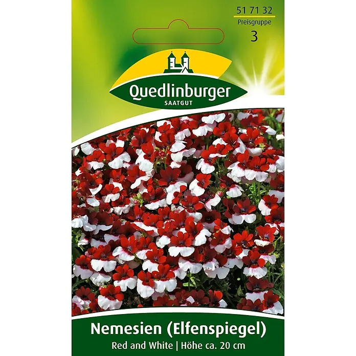 Quedlinburger SAATGUT Nemesie - Elfenspiegel - Samentüte für Nemesien (Elfenspiegel) Blumen, mit zahlreichen rot-weißen Blüten.