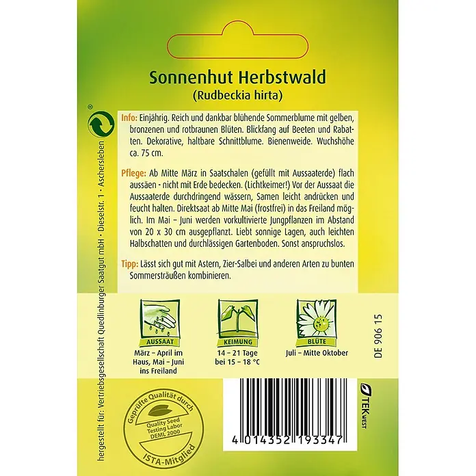 Quedlinburger SAATGUT Blumensamen Sonnenhut - Rudbeckia hirta, Mehrfarbig - Samentüte für Sonnenhut Herbstwald (Rudbeckia hirta) in Grün-Gelb, mit Pflanzinformationen und Barcode.