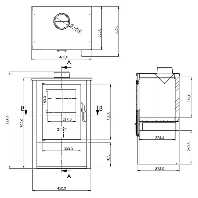 Estufa de leña Nimes - 7 kW - 8,97 kW, Volumen de calefacción: 175 m³, Negro - Dibujo técnico de una estufa de leña con vistas frontal, lateral y superior con dimensiones.
