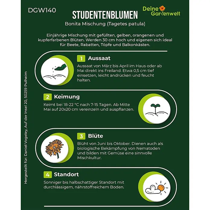 Deine Gartenwelt Studentenblume Tagetes Bonita Mischung -  - Informationsgrafik für Studentenblumen Bonita Mischung (Tagetes patula) mit Details zu Aussaat, Keimung, Blüte und Standort.