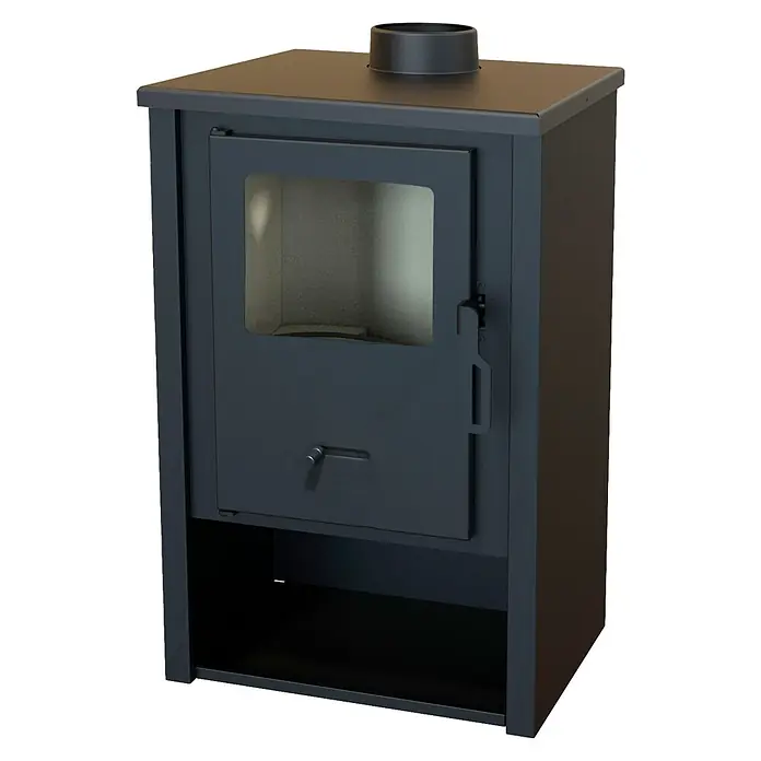 Estufa de leña Nimes - 7 kW - 8,97 kW, Volumen de calefacción: 175 m³, Negro - Estufa de leña de metal gris oscuro con puerta de cristal, asa y compartimento inferior. Con salida de humos.