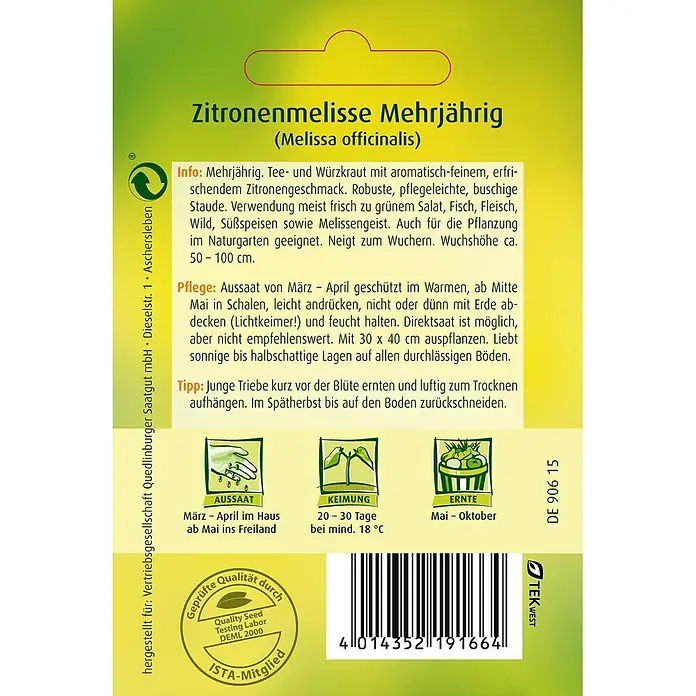 Quedlinburger SAATGUT Kräutersamen Zitronenmelisse - Melissa officinalis, Saatzeit: März, Erntezeit: Mai - Grün-gelbe Samentüte für mehrjährige Zitronenmelisse, mit Anbauinformationen und Barcode.